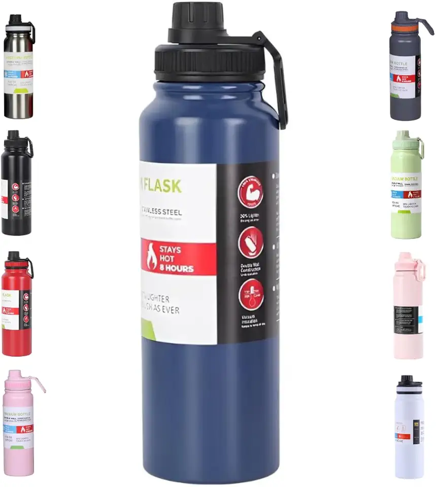 Garrafa De Agua Termica Gelada 800ml Em Aço Inox Antivazamento Com Infusor Com Alça Agua Quente ou Fria Para Academia Treino Caminhada (Azul)