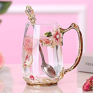 Glass Flower Coffee Tea Mug, Mothers Day Gifts for Mom from Son, Daughter- Enamel Daisy Flower Drinking Cups with Spoon…