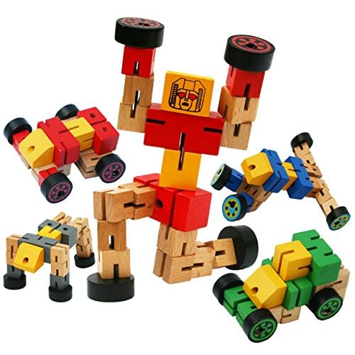 TOWO Robot Transformación Rojo de Madera - Transformación de diferentes figuras en figura de Animales, automóviles y Figuras Deportivas - Construcción juegetes de Madera para niño-Azul