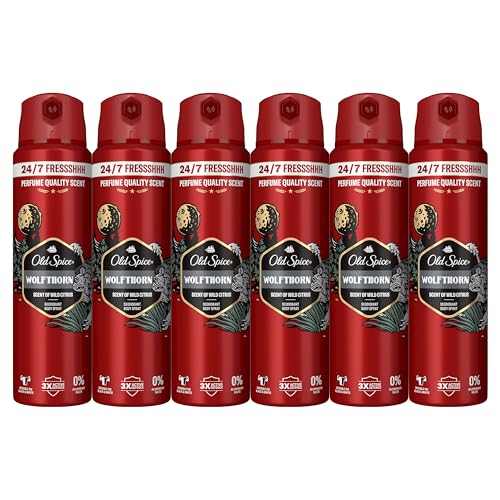 Old Spice Wolfthorn Desodorante Corporal En Spray Para Hombres 150 ml x 6, Fresco 24 Horas, Todos Los Días Con Uso Diario, Perfume Duradero, Fragancia Excepcional, Protección Contra El Mal Olor