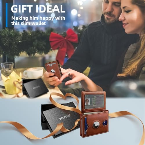 Image of miyozi AirTag Wallet for Men, Slim Leather Bifold with Holder Slot, 2 ID Windows & 13 Card Slots, RFID Blocking Front Pocket Wallet with Gift Box