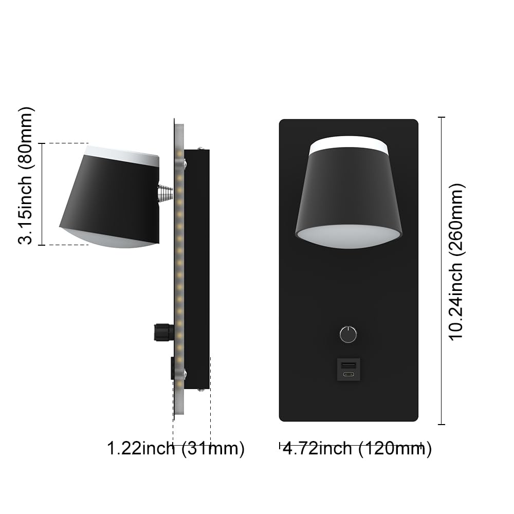 Sytmhoe Nachttischlampe Wandmontage mit Schalter USB C Dimmbar 16W 2 Stück | Schwarz matt 3000K Drehbar Wandleuchte Etagenbett, Kinderzimmer Leselampe mit Ladebuchse, platzsparende Schlafzimmer ohne