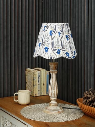 Image of Green Girgit Wooden Distress White Athens Lamp with Pleeted Multicolor Blue Floral Lotus Shape Lamp Shade