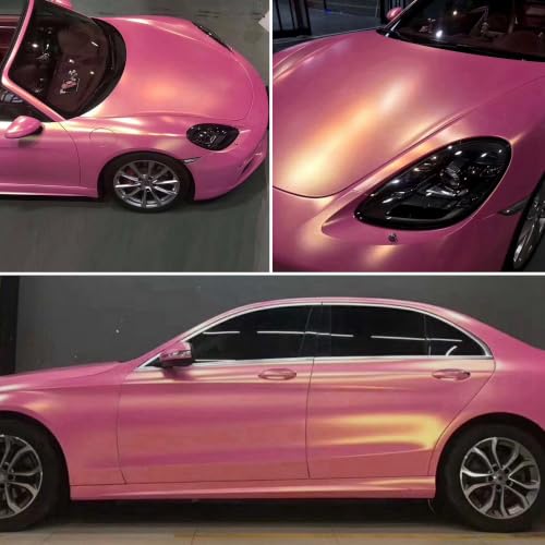 Image of Bright Pink to Charming Diamond Gold Metallic Chameleon Vinyl Wrap Pearlescent Pink Color Change DIY Vehicle Vinyl Film, 59.84 inch x 11.81 inch