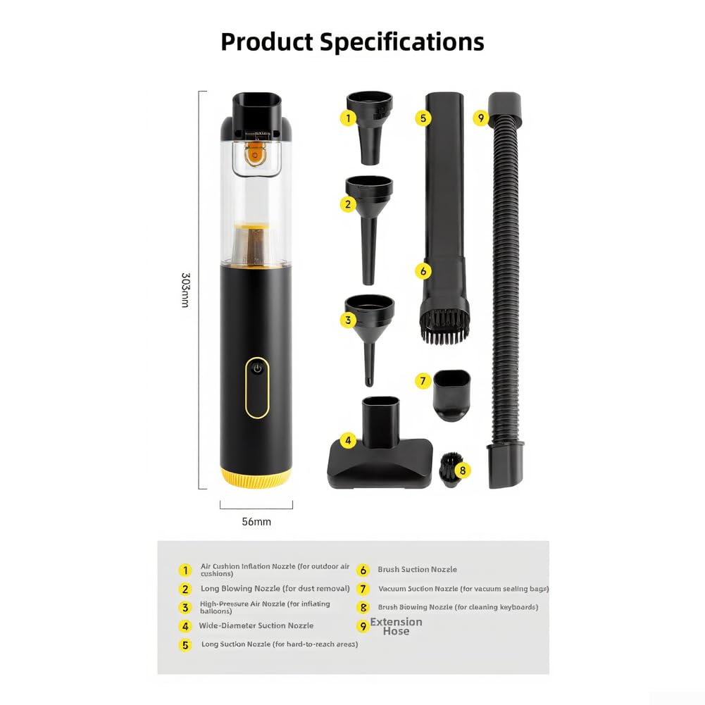 Aspirador inalámbrico de coche de alta succión de mano soplador de polvo automático silencioso 25dB 2200mAh kit de herramientas de limpieza de electrodomésticos portátil para el interior del vehículo