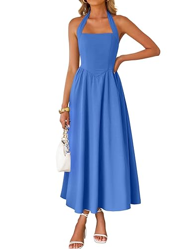 ZESICA Women's Summer Sleeveless Halter Midi Dress 2025 Off Shoulder High Waist Swing Flowy Beach Long Dresses