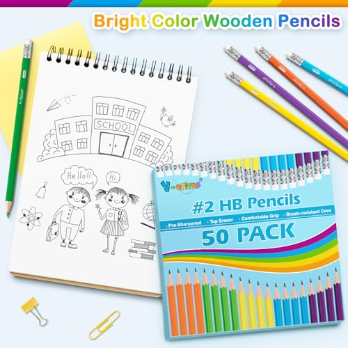 V-Opitos #2 Pencils, 50 Pack Pre-Sharpened Wood-Cased Pencils with Top Erasers, Bulk 2HB Pencils with Assorted Colors for School Teacher Supplies, Writing, Drawing and Sketching - Thumbnail 2