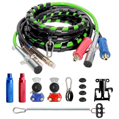 TIROL Semi Truck Air Line Kit - 12FT 3 In 1 Air Brake Hoses & Power Air Line Wrap 7 Way Trailer Cord With Gladhands Handles Holder Tender Spring Kit Seals For Semi Truck Trailer Tractor