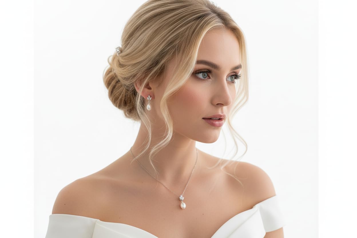 Silber Perlen Schmuckset 3-teilig Halskette Ohrringe Armband Zirkonia Strass Brautschmuck Hochzeit Kommunion Abiball