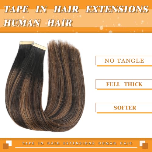 Image of YDDM Balayage Natural Black to Chestnut Brown Tape in Hair Extensions, 20pcs 16 Inch 100% Remy Human Hair Straight Seamless Invisible Tape in Hair Extensions Human Hair(1B /1B /6#, 16 Inch)
