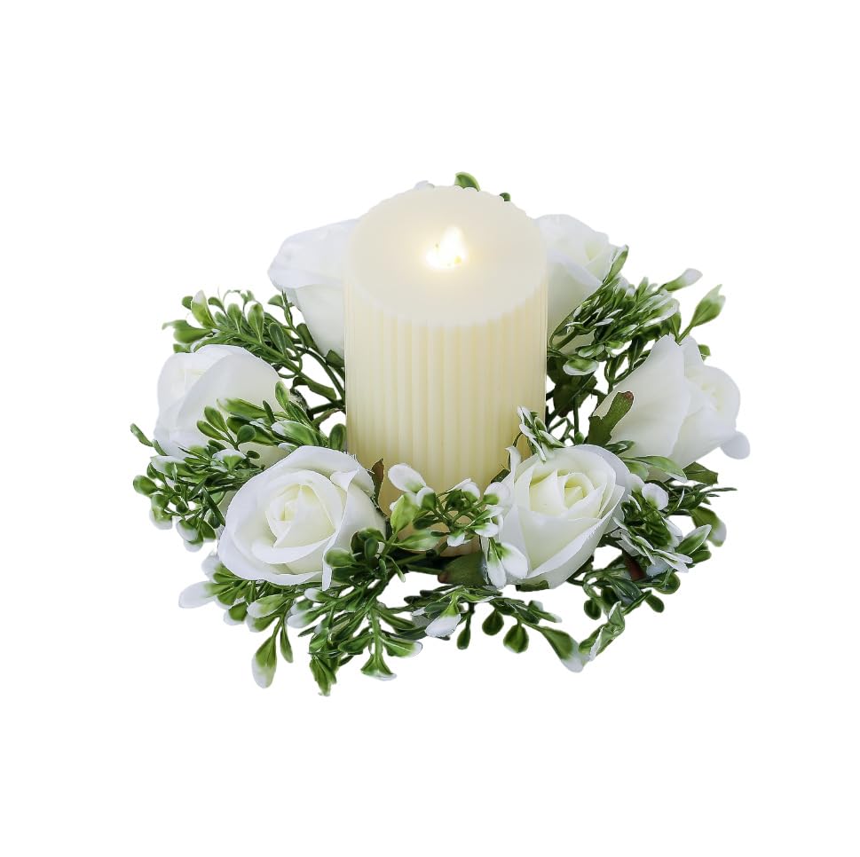 2 Pieces Small Candle Rings Wreaths Fake Roses Artificial Flowers Wedding Centerpieces for Tables Spring Summer Wreath for Front Door Weddings Bouquet