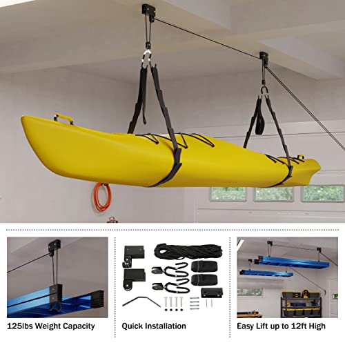 Image of RAD Sportz Kayak Storage Hoist - Overhead Pulley System with 125lb Capacity for Canoes, Bikes, Ladders, and More - for up to 12-Foot Ceilings