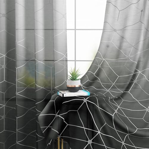 Image of Story@Home Door Curtains 7 Feet Long Set of 2 | Geometric Printed | Semi Transparent Curtain | Net Curtains | Sheer Curtain for Living Room | (118 X 215 Cm, Black & Grey) | Perfect for Home Decor