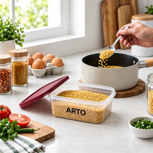Image of Arto Food Storage Containers Set of 3, 1100ml Airtight & Leak Proof Transparent Fridge Organizer with Coloured Lids - Stackable, Food Grade Plastic for Kitchen, Pantry, Cereals & Vegetables