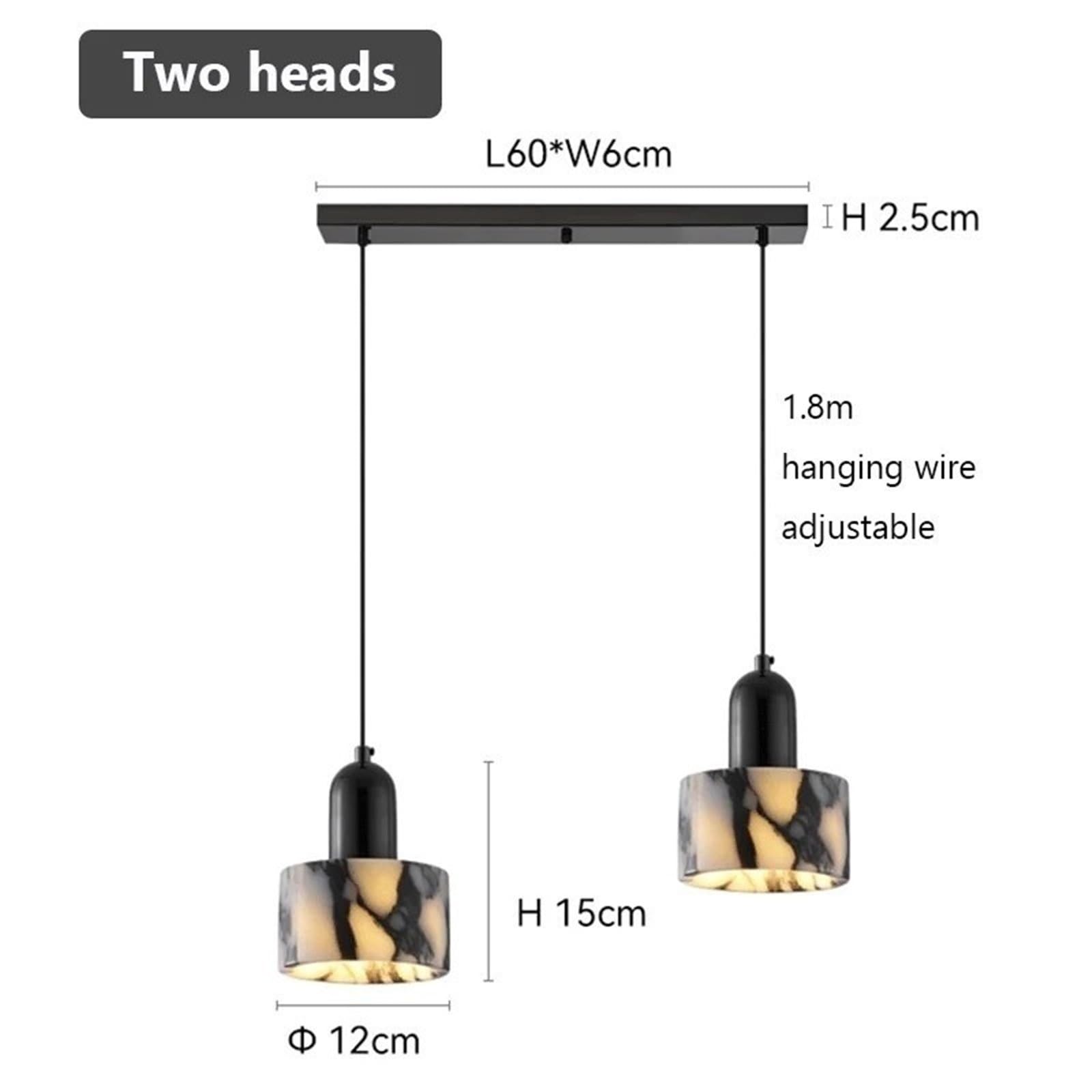Lampadario in Marmo, Cilindro in Pietra Nera, Lampada a Sospensione a LED, Lusso