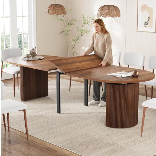 Image of weselon 42 inch-120 inch Extendable Dining Table for 4-14, Expandable Oval Dining Room Table with Fluted Pedestal Base & Reinforced Metal Support Leg, Extra Large Modern Kitchen Table (Walnut)