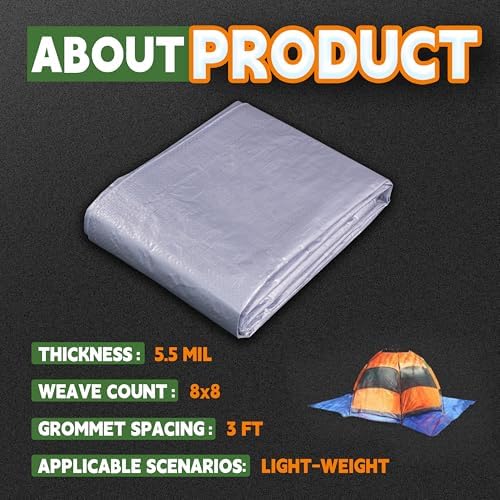 RAINDEWAY Tarps 6x8 Feet, 5.5 Mil - Multipurpose Waterproof Poly Tarp Cover with Metal Grommets and Reinforced Edges, Silver/Blue — view 6