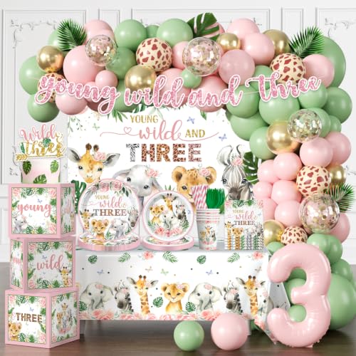 Fexivo 280 Pcs Young Wild and Three Party Decorations Girl -Serves 25- Complete Safari Animal Jungle Theme 3rd Birthday Party Supplies Girl Set with Backdrop Balloon Arch Tableware
