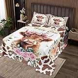 Homemissing Süß Highland Kuh Bettüberwurf Leopard Tagesdecke 170x210cm für Jungen Mädchen Zeichentrick Tier Wohndecke Blume Blumendruck Dekor 2Stück Bauernhof Zoo Garten Thema