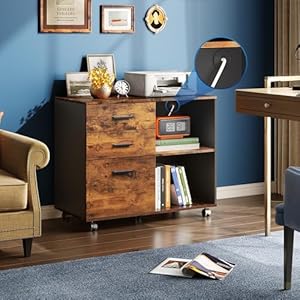 Devaise 3 drawer mobile file cabinet wood lateral filing cabinet printer stand with open shelves for home office rustic brown  urban country home decor