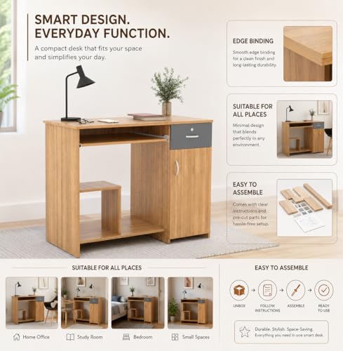 Image of 45x90x76CM Engineered Wood Study & Office Table with Drawer, Cabinet Storage & Keyboard Tray | Sturdy, Foldable DIY Multipurpose Table- Urban Teak with Grey