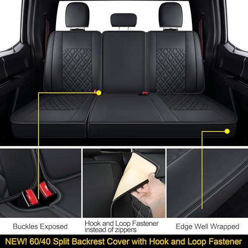 Image of LUCKYMAN CLUB F150 Full-Set Seat Covers J03-Q3 with Waterproof Faux Leather, Fit 2015-2026 Ford F150 and 2017-2026 F250 F350 F450 (Full Set, Black)