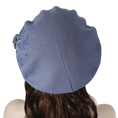 ZLYC Sombrero de boina francesa para mujer, reversible, color sólido, mosaico de cachemira, cálido gorro de boina para niñas, Flower Haze Blue, Large