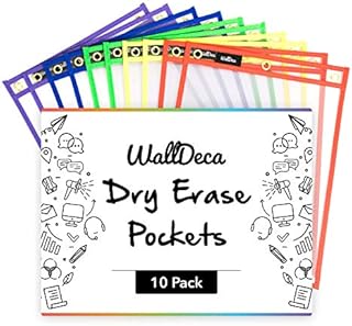 WallDeca Dry Erase Pocket Sleeves Assorted Colors , 8.5" x 11", Plastic Paper Holder Pack, Reusable Dry Erase Sleeves, Paper Pocket Folders Plastic, 5 Colors (10-Pack)