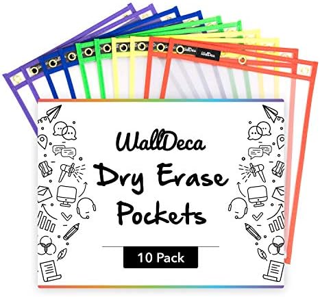 WallDeca Dry Erase Pocket Sleeves Assorted Colors, 8.5" x 11", Plastic Paper Holder Pack, Reusable Dry Erase Sleeves, Paper Pocket Folders Plastic, 5 Colors (10-Pack)