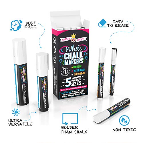 Image of CHALKY CROWN White Liquid Chalk Markers - 5 Pack (1, 3, 6, 10, 15mm) | Multi-Tip Variety Pack Includes 1, 3, 6, 10 & 15mm Tips - Non-Toxic Ink for Windows, Glass & Signs - Smooth Wipe-Clean