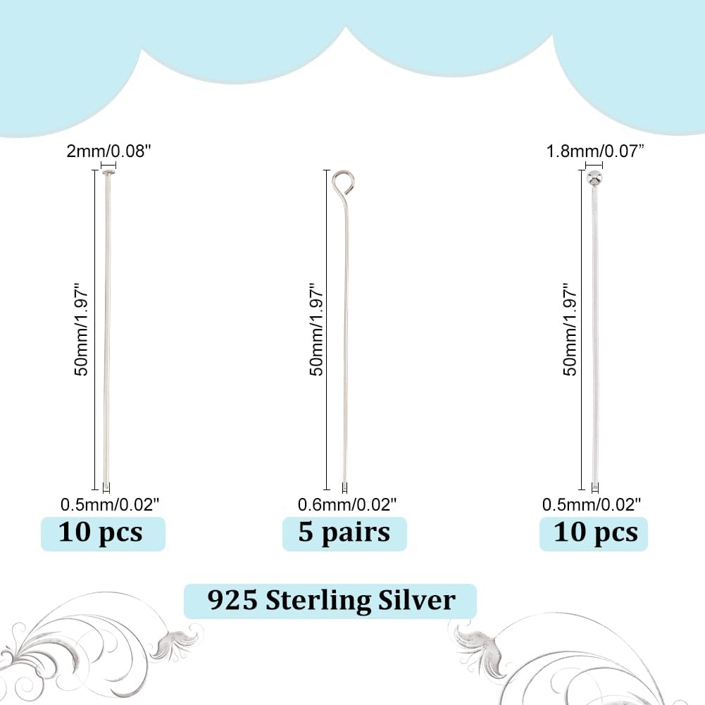 PH PandaHall 30pcs 925 Sterling Silver Head Pins 3 Stlyes 2 inch Round Ball Headpins Open Eye Pins Flat Head Pin for Jewelry Making Crafts Projects Earrings Necklace Bracelet, 23~24 Guage