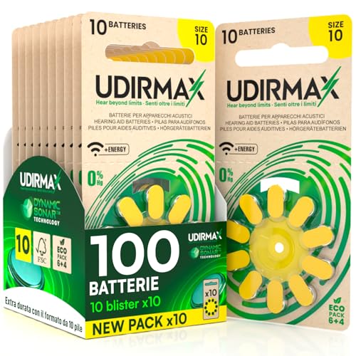 100 Batterie per Apparecchi Acustici PR70 Misura 10 (Gialle) Pile Udirmax Zinco-Aria 0% Mercurio 1,45V Eco Pack - 10 Blister Ecologici da 10 Pile