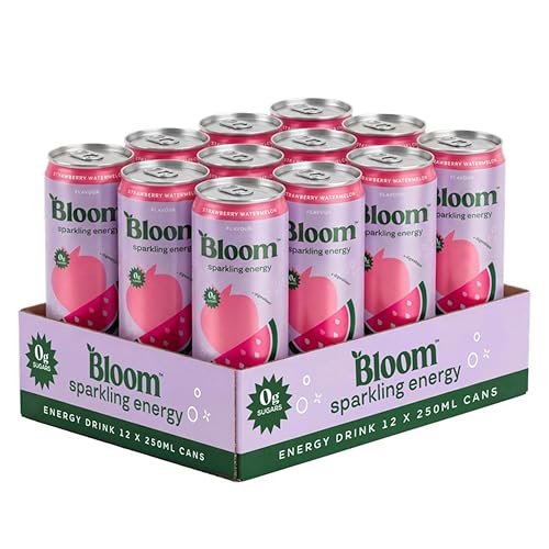 Bloom Nutrition Sparkling Energy Drink Strawberry Watermelon 250ml (12 Pack) | Zero Sugar Energy Drink with 80mg Natural Caffeine Vitamins C B3 & B5 | Low Calorie and Multivitamin Energy Drink