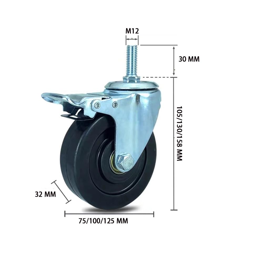Silencieuse Tige Filetée roulettes M12, Caoutchouc Roulette 3/4/5 Pouces, 4 Pièces roulettes Pivotantes avec Frein pour Armoires, Établi(with Brake,4 inch)