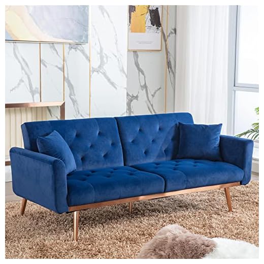Velvet Sofa with 2 Throw Pillows,Chesterfield Sofa Bed Living Room Couch with 5 Gold Metal Legs,W64 Convertible Folding Upholstered Couches,Loveseat Sofas for Small Spaces Bedroom Apartment (Navy)