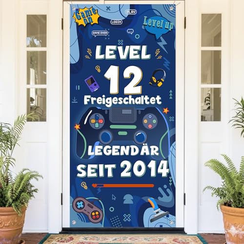 Game Deko 12. Geburtstag Banner - Gaming Geburtstagsdeko Level 12 Türbanner 185 x 90 cm Stoff Gamer Partybanner für 12. Junge Kindergeburtstag Dekoration