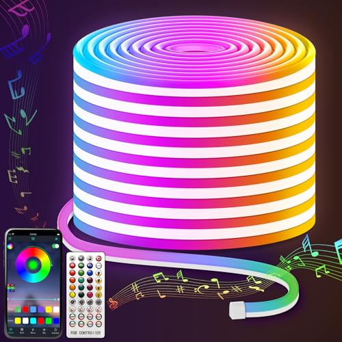Lucienstar Neon Touwlampen - 15M Flexibele Ledbediening met afstandsbediening/APP, IP67 Waterdichte RGB Neon Strip, Muzieksynchronisatie, Meerdere Modi, Led Touwlampen voor Buiten Slaapkamerdecoratie