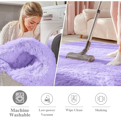 OLANLY Light Purple Round Rugs for Bedroom - Machine Washable, 2 ft Circle Area Rugs for Living Room, Soft and Fluffy Shaggy Carpet for Teen Girls and Boys, Nursery Rooms, Dorms, Home Decor Aesthetic