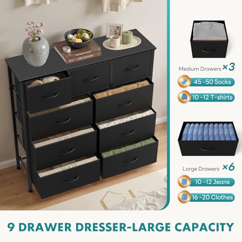 Image of OLIXIS 9 Drawer Storage Dresser with Wood Top - Wide Fabric Chest Organizer for Bedroom, Closet, Living Room,Tower Cabinet, TV Stand, Hallway Entryway Furniture,Carbon Black
