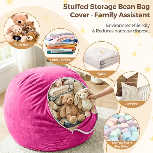 Image of Stuffed Animal Storage Bean Bag Chair Cover for Kids (No Filler), Soft Comfy Velvet Beanbag Chair Cover Machine Washable, Kids Bean Bag Chair with Handle for Living Room Bedroom Dorm, Hot Pink