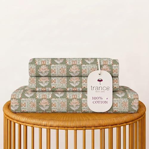 Image of Trance Home Linen 100% Cotton 144TC Elastic Fitted Bedsheet | Super King Bed Size Printed Fitted Sheet | Elasticated Fitted Bedspread with 2 Pillow Covers (84x78 inch, Ajrak Green)