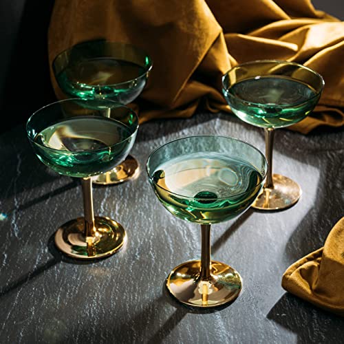 Colored Coupe Art Deco Glasses, Gold | Set Of 2 | 12 Oz Classic Cocktail Glassware For Champagne, Martini, Manhattan, Sidecar, Crystal Speakeasy Style Goblets Stems, Vintage Blue, Teal, Green #TOP3