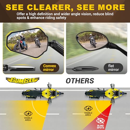 Image of BUMBEE Upgraded Adventure Motorcycle Mirrors 360 Degrees Adjustable, Foldable Convex Side Rearview Mirrors No Vibration & Wobble With M8 M10 Screws and 7 /8 inch Handlebar Mount for ATV Scooter Dirt Bike