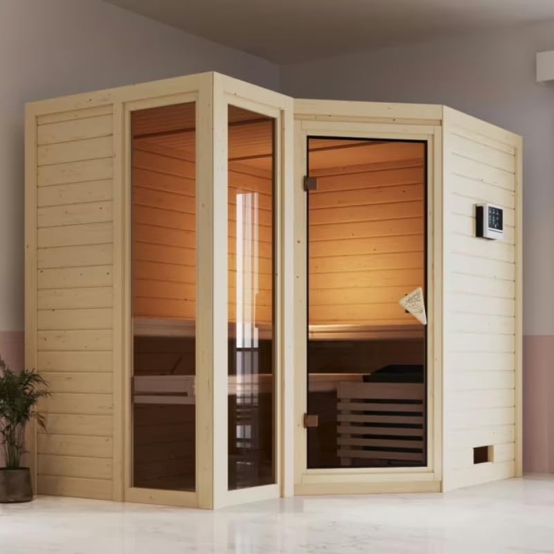 Karibu Amara Sauna Traditionnel d'Intérieur 5-6 Places | Bois Épicéa du Nord 236x184 cm | Panneaux 38mm, Toit Isolé, Fenêtres Teintées | Poêle...
