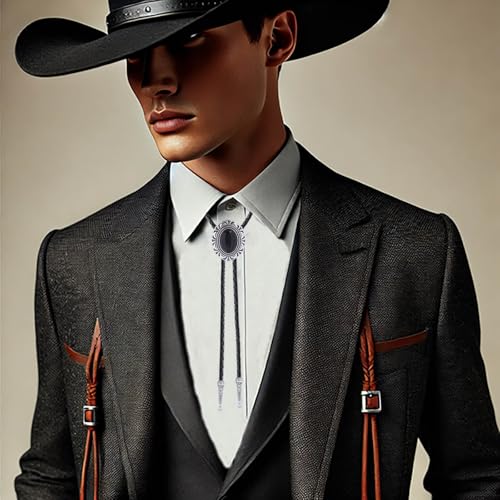 Image of Vintage Western Cowboy Rodeo Black Agate Bolo Tie for Men Women