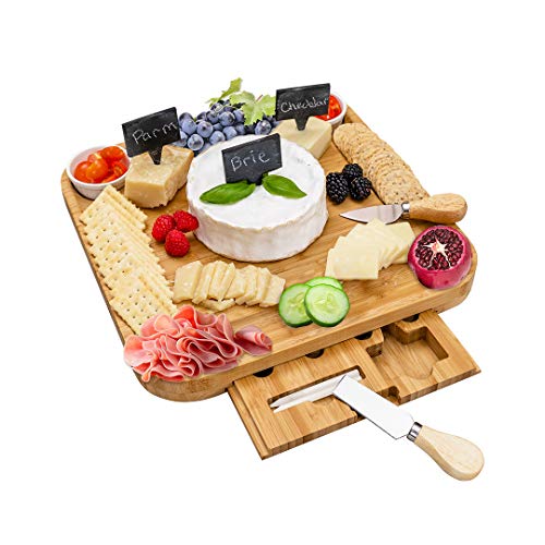 Cheese Board and Knife Set – Natural Bamboo Charcuterie Board Set – Elegant