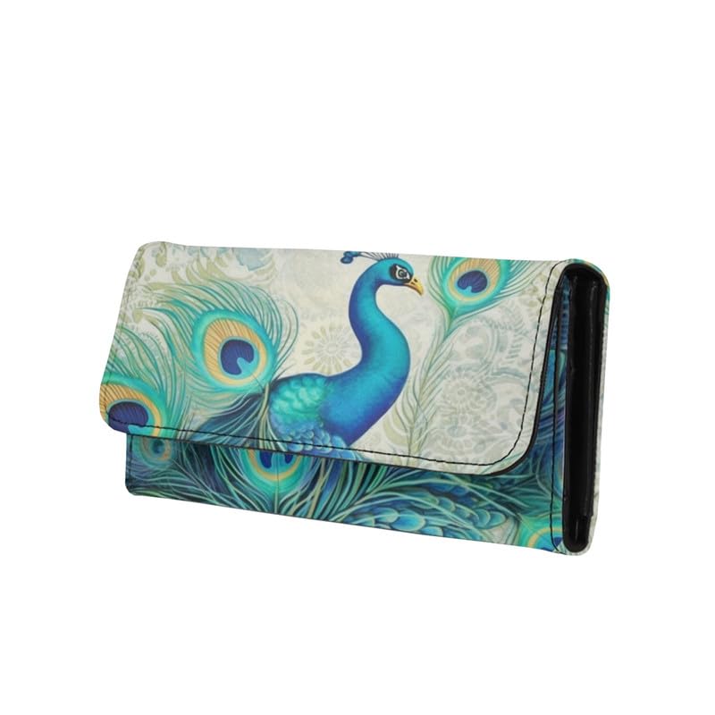 Retro Peacock Women's Leather Trifold Wallet, Classical Peacock Feather Handcrafted Stitching Credit Card Holder Coin Purse, Mandala Elegant Trifold Wallet, ID Window