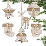 Partybus Christmas Wooden Ornaments Set, Rustic Reindeer Stars Lasered Carved Decorations for Kids Xmas Tree, Unfinished Natural Wood Crafts Gift Tags with Burlap String, 12 pack