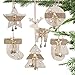 Partybus Christmas Wooden Ornaments Set, Rustic Reindeer Stars Lasered Carved Decorations for Kids Xmas Tree, Unfinished Natural Wood Crafts Gift Tags with Burlap String, 12 pack