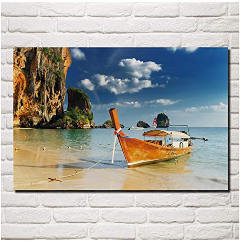 mar playa barco rocas nubes océano acantilado cielo nubes costa costa sala de estar hogar pared arte decoración póster Hd Impresiones Inicio póster Lienzo -60x90cmx1pcs- Sin marco